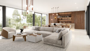 a living room with a large couch and a table